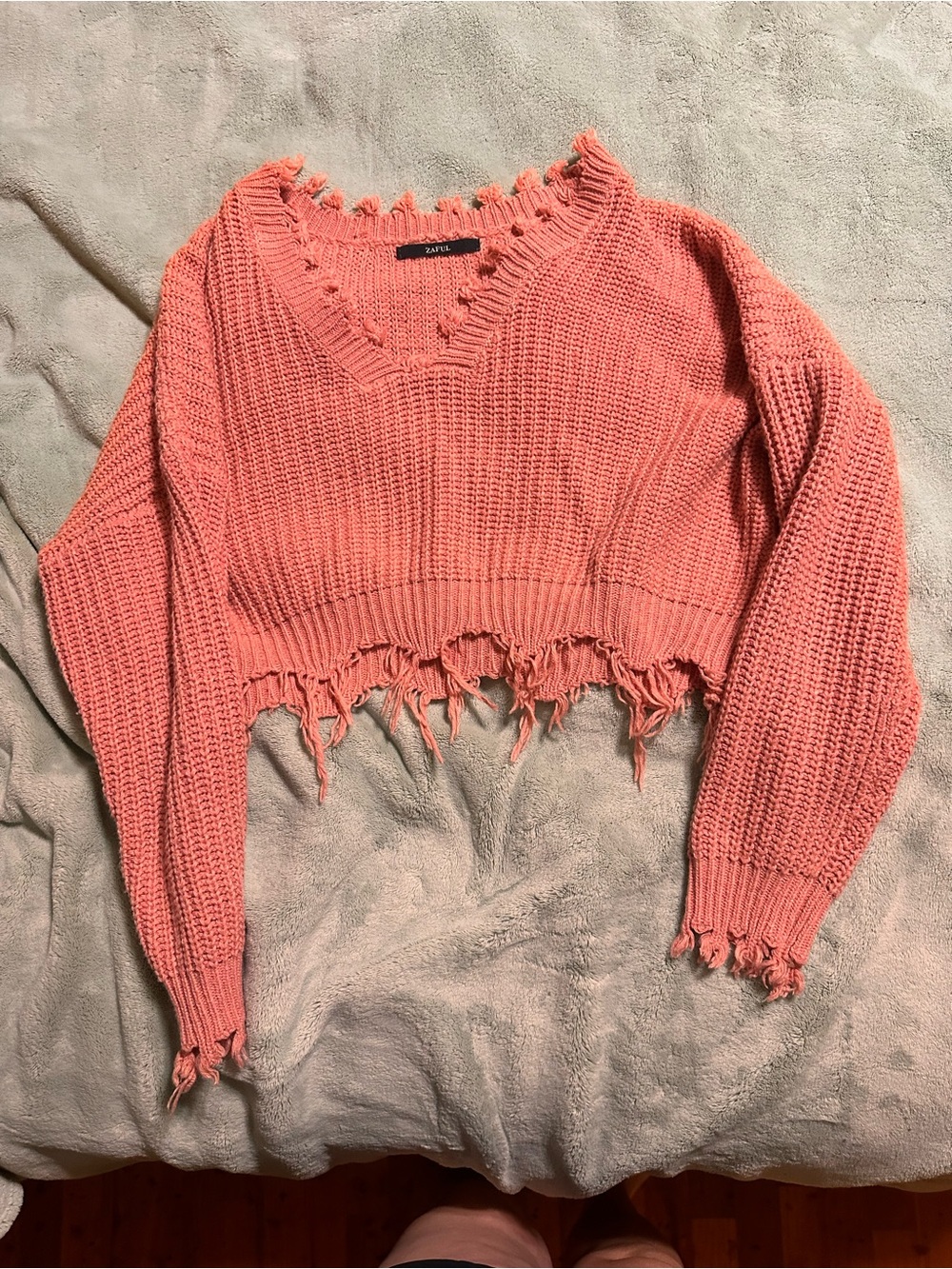 Zaful Coral Pink Distressed Off-the-Shoulder Sweater